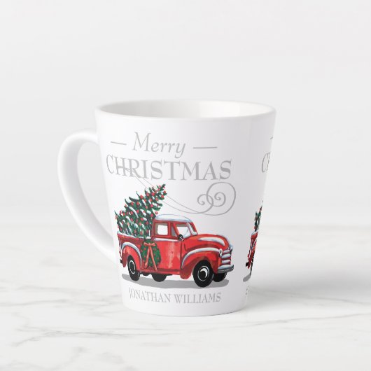  kerstmonogram op vrachtwagen Merry Naam Klein Latte Mok (Linkerhoek)