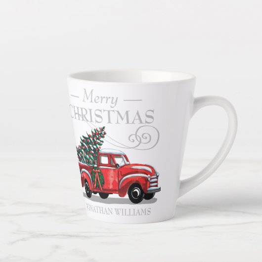  kerstmonogram op vrachtwagen Merry Naam Klein Latte Mok (Rechts)