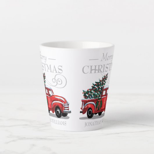 kerstmonogram op vrachtwagen Merry Naam Klein Latte Mok (Voorkant)