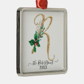 kerstmonogram R Gold Glitter Holly Foliage Metalen Ornament (Rechts)