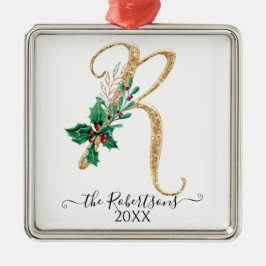 kerstmonogram R Gold Glitter Holly Foliage Metalen Ornament