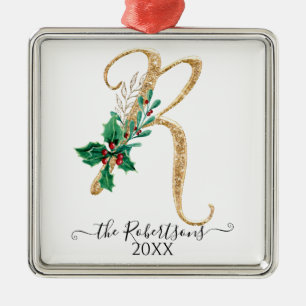 kerstmonogram R Gold Glitter Holly Foliage Metalen Ornament