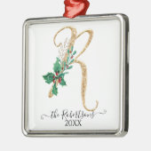 kerstmonogram R Gold Glitter Holly Foliage Metalen Ornament (Links)