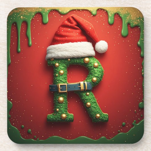 Kerstmonogram R met Sinterklaashoed – Kerstcadeau Bier Onderzetter (Voorkant)