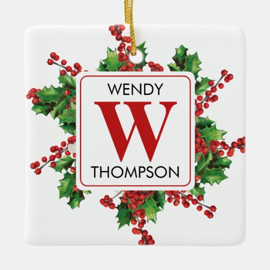 Kerstmonogram rood en groen feestje keramisch ornament (Voorkant)