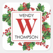 Kerstmonogram rood en groen feestje vierkante sticker (Voorkant)