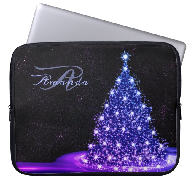 Kerstmonogram Roze Blauw Winter Zwart Rustiek Laptop Sleeve (Voorkant)