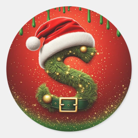 Kerstmonogram S met kerstmuts Kerstcadeau Ronde Sticker (Voorkant)