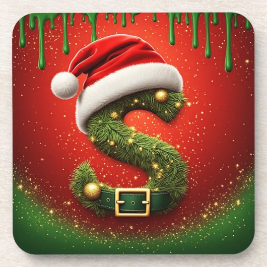 Kerstmonogram S met Sinterklaashoed Kerstcadeau Bier Onderzetter (Voorkant)