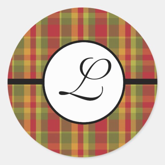 Kerstmonogram Sticker Geruit Rood Groen Beige (Voorkant)