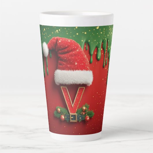 Kerstmonogram V Kerstman Kerstbrief Latte Mok (Voorkant)