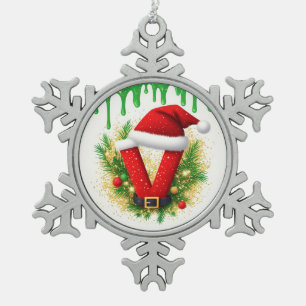 Kerstmonogram V voor vakantienamen Tin Sneeuwvlok Ornament