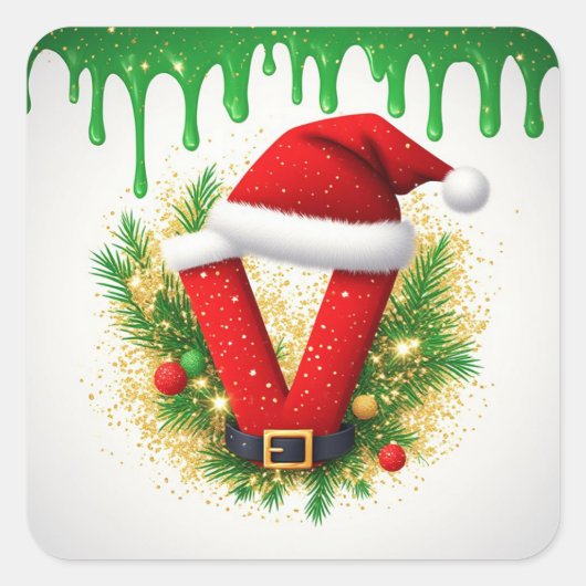 Kerstmonogram V voor vakantienamen Vierkante Sticker (Voorkant)