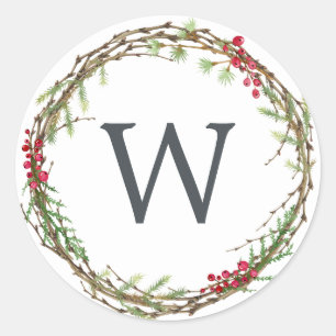 Kerstmonogram Winter Greenery Wreath Berries Ronde Sticker