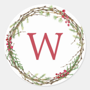 Kerstmonogram Winter Greenery Wreath Berries Ronde Sticker
