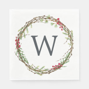 Kerstmonogram Winter Greenery Wreath Berries Servet