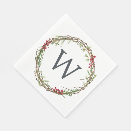 Kerstmonogram Winter Greenery Wreath Berries Servet (Hoek)