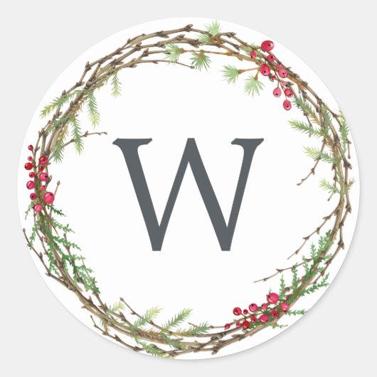 Kerstmonogram Wintergroen Krans Bessen Ronde Sticker (Voorkant)