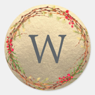 Kerstmonogram Wintergroen Krans Goud Ronde Sticker