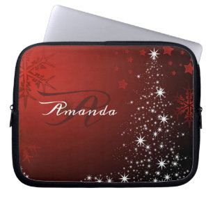 Kerstmonogram Witte sterren Boom Rode sneeuwvlokke Laptop Sleeve