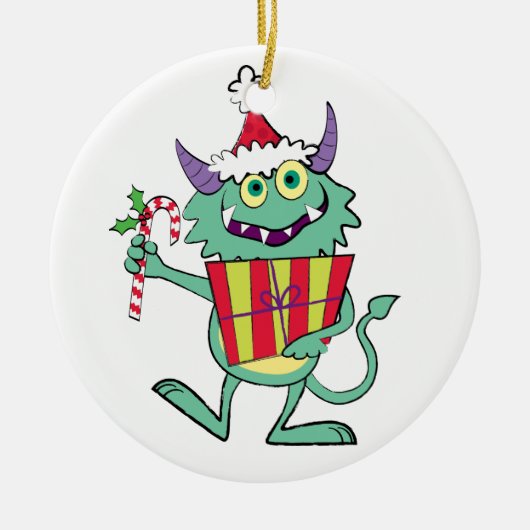 Kerstmonster met cadeau keramisch ornament (Voorkant)