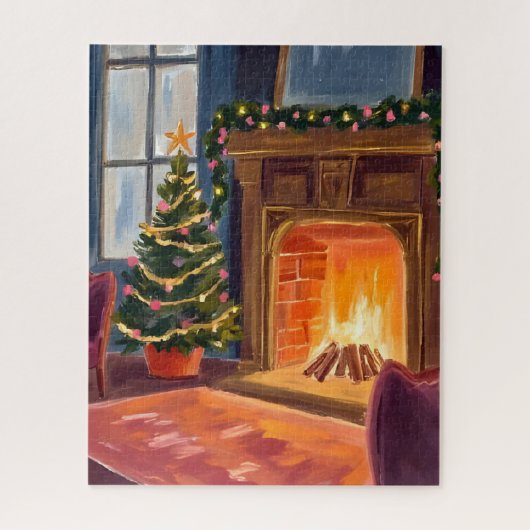 Kerstmorgen Haard Waterverf Legpuzzel (Verticaal)