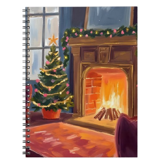 Kerstmorgen Open Haard Vakantie Waterverf Notitieboek (Voorkant)