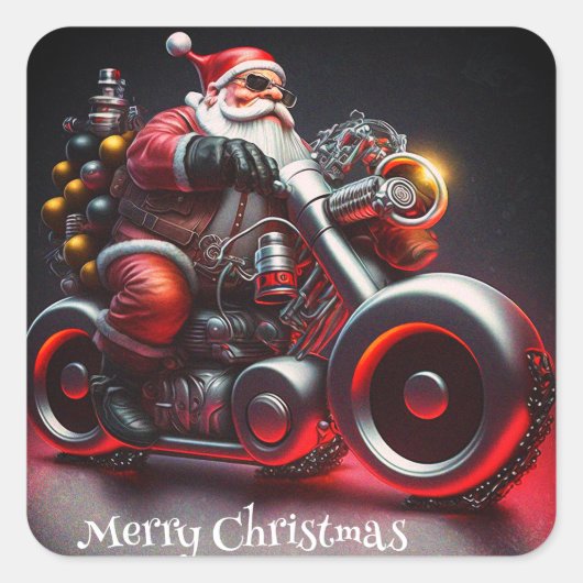 Kerstmotorfiets, kerstman vierkante sticker (Voorkant)