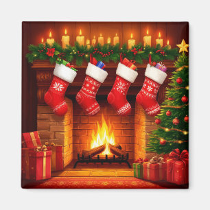 Kerstmouwen hangend boven warme open haard magneet