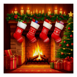 Kerstmouwen hangend boven warme open haard perfect poster