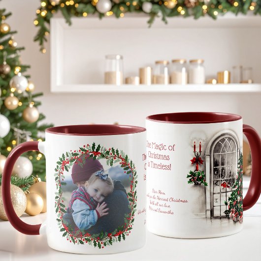 Kerstmug met Oude Kerstmis Raam en Hulst Foto Mok