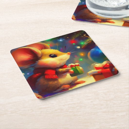 Kerstmuis 2 kartonnen onderzetters (Schuin)