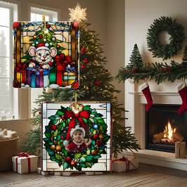 Kerstmuis in cadeaus namaak glas-in-lood keramisch ornament