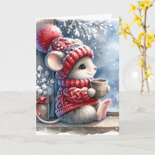 Kerstmuis in het raam met warme cacao kaart (Gele Bloem)