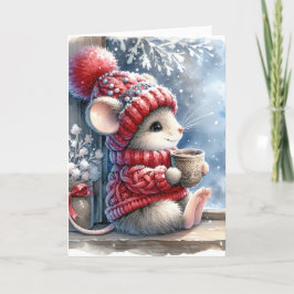 Kerstmuis in het raam met warme cacao kaart