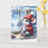Kerstmuis in het raam met warme cacao kaart (Gele Bloem)