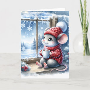 Kerstmuis in het raam met warme cacao kaart
