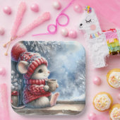 Kerstmuis in het raam met warme cacao papieren bordje (Feest)