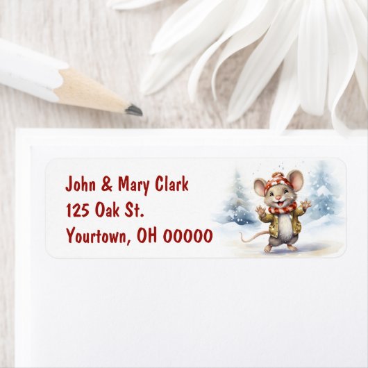 Kerstmuis in sneeuwvlokken etiket (Insitu)