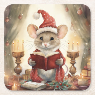 Kerstmuis lezend kartonnen onderzetters