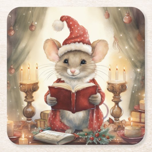 Kerstmuis lezend kartonnen onderzetters (Voorkant)