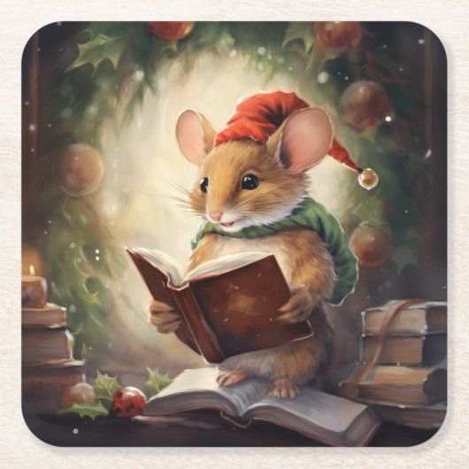 Kerstmuis lezend kartonnen onderzetters (Voorkant)
