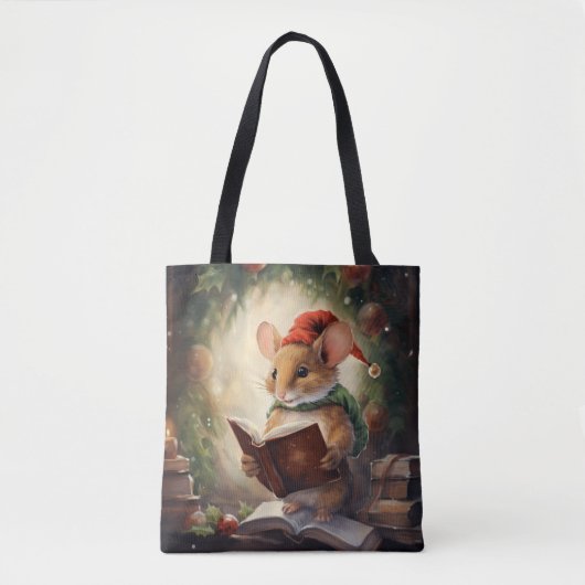 Kerstmuis lezend tote bag (Voorkant)