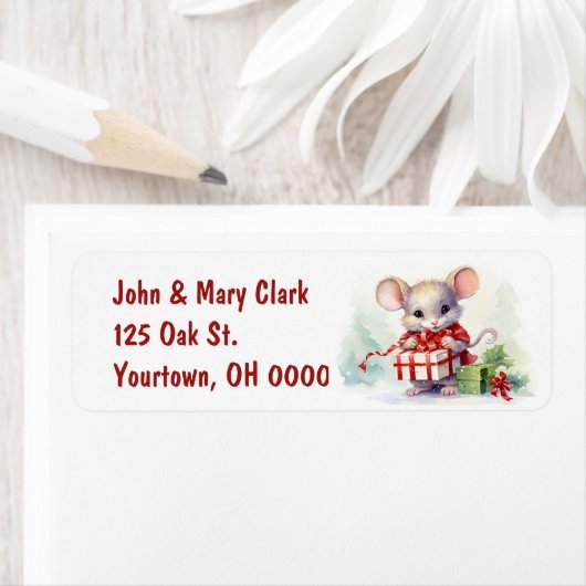 Kerstmuis met geschenken etiket (Insitu)
