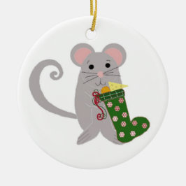 Kerstmuis met groene staart keramisch ornament