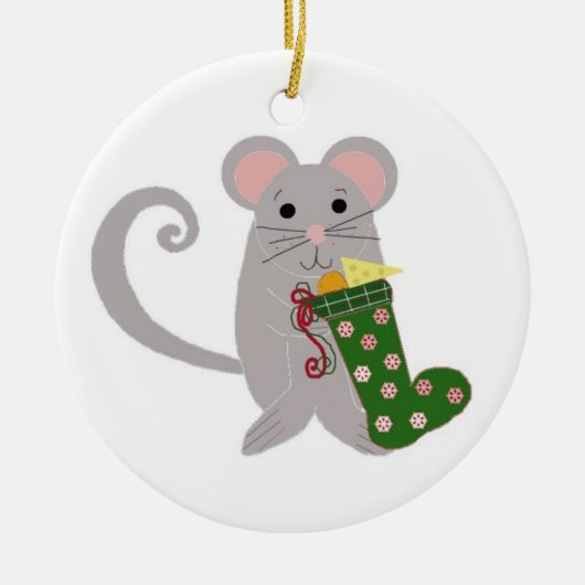 Kerstmuis met groene staart keramisch ornament (Voorkant)