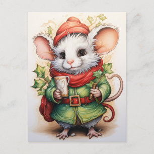 Kerstmuis met hulst feestdagenkaart