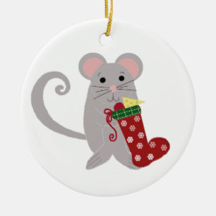 Kerstmuis met Rode Kous Keramisch Ornament