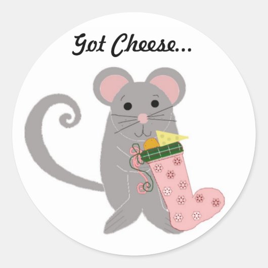 Kerstmuis met roze sok ronde sticker (Voorkant)