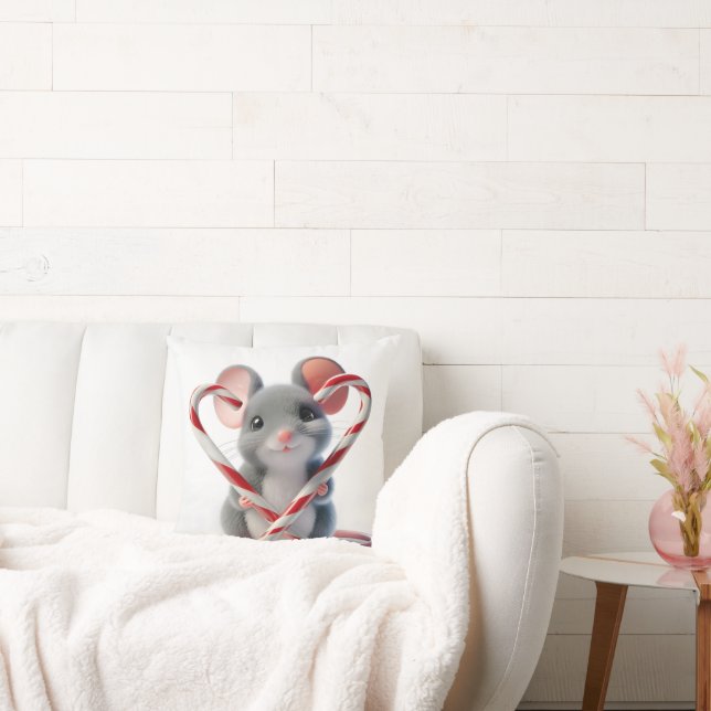 Kerstmuis met snoepriet hart kussen (Bank)